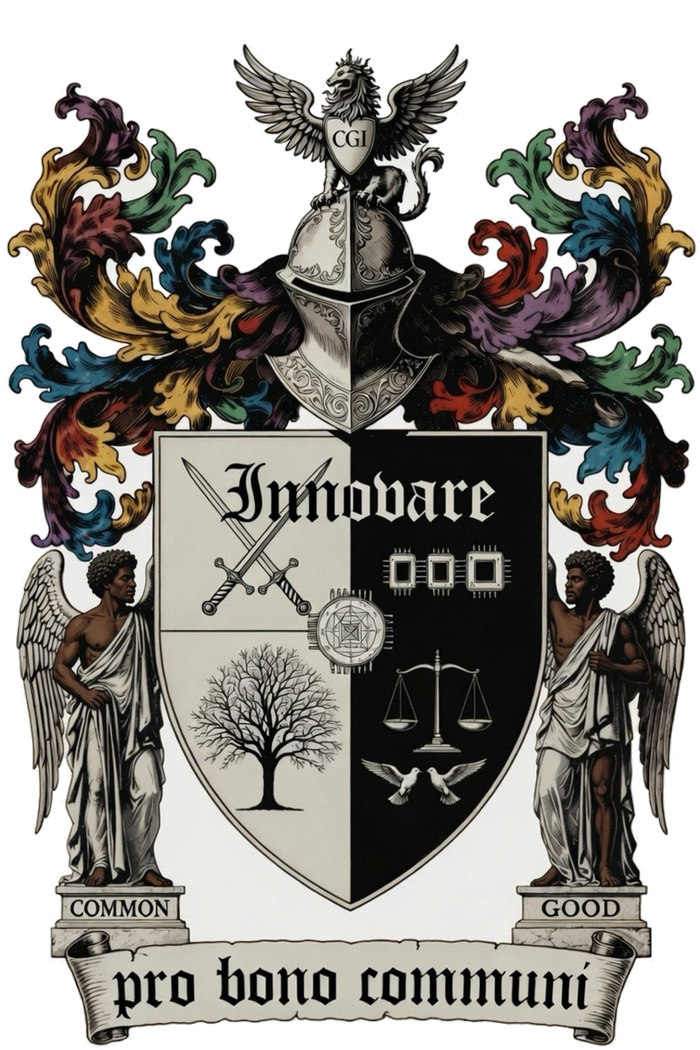 The Common Good Intelligence coat of arms: a shield bearing the word Innovare over crossed swords, silicon, a tree, scales and doves, supported by two winged figures on plinths reading COMMON and GOOD, above a banner reading pro bono communi.